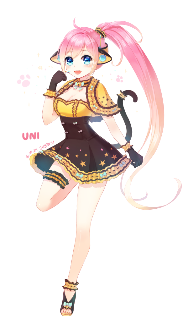 1girl animal_ears black_gloves black_skirt blue_eyes breasts cat_ears cat_tail cleavage gloves headphones headset long_hair looking_at_viewer pink_hair skirt smile solo star sugarv tail tattoo uni_(vocaloid) very_long_hair vocaloid