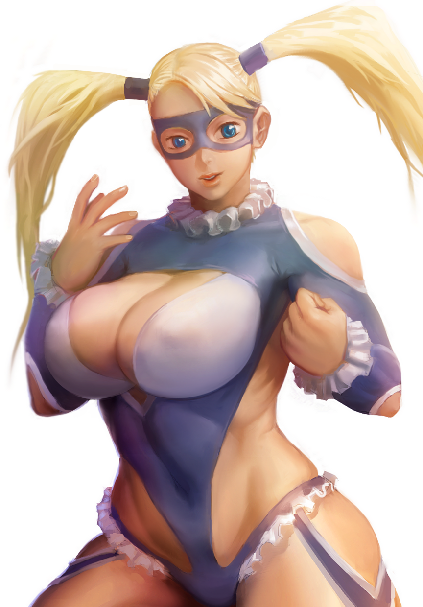 1girl blonde_hair blue_eyes breasts cleavage cypressdahlia domino_mask highres large_breasts long_hair mask rainbow_mika simple_background solo street_fighter street_fighter_v thighs twintails white_background