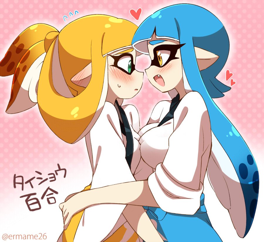 2girls alternate_hairstyle artist_name blonde_hair blue_hair breast_press domino_mask eromame eyebrows fang flying_sweatdrops green_eyes hand_on_another's_ass hands_on_another's_hips heart hime_cut hug inkling long_hair looking_at_another mask multiple_girls pointy_ears ponytail smile splatoon sweat symmetrical_docking thick_eyebrows translation_request twitter_username yellow_eyes yuri