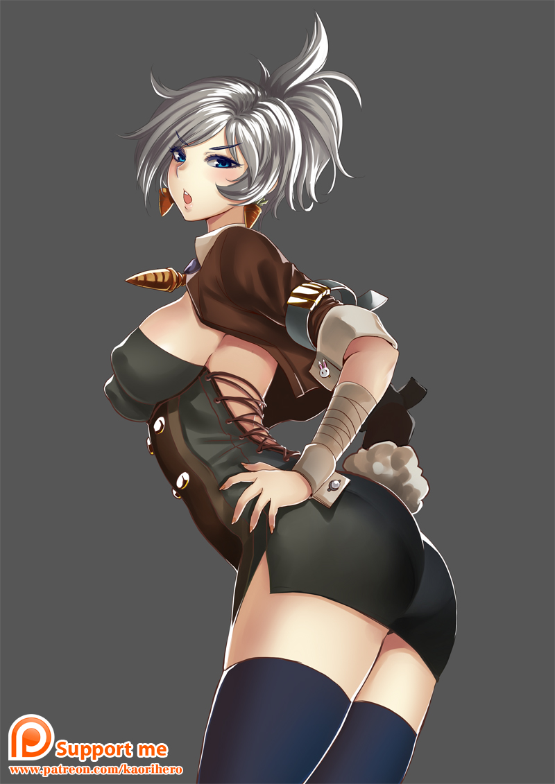 1girl blue_eyes breasts covered_nipples dress gauntlets jacket kaori_hero large_breasts league_of_legends open_clothes open_jacket open_mouth riven_(league_of_legends) short_dress silver_hair solo thigh-highs thighs zettai_ryouiki