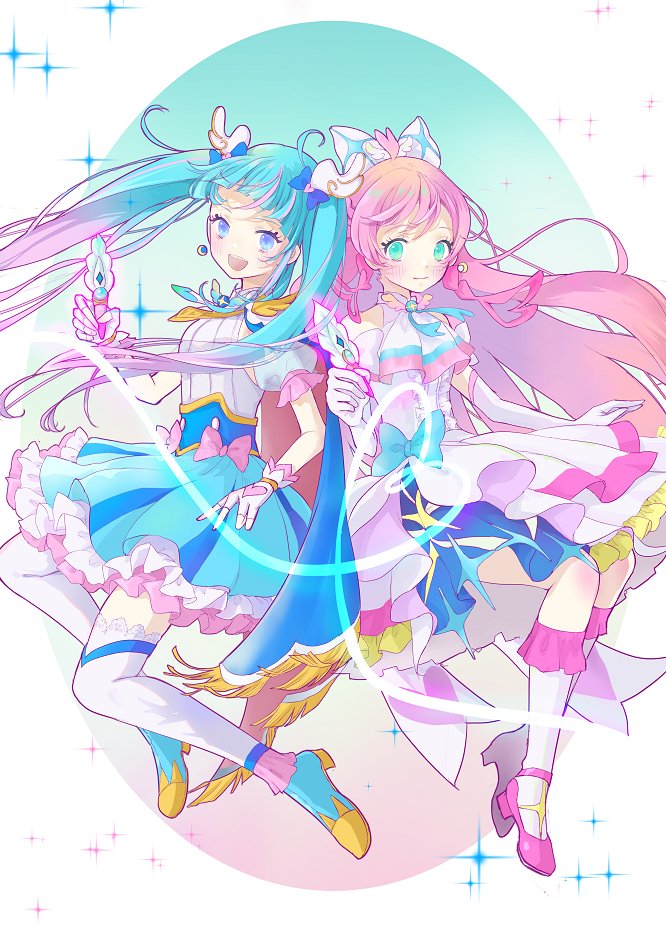 2girls ahoge aqua_eyes ascot blue_eyes blue_hair bow cape cure_prism cure_sky detached_sleeves dress earrings elbow_gloves fingerless_gloves gloves gradient_hair hair_bow hirogaru_sky!_precure jewelry long_hair magical_girl miminaga_usagi multicolored_hair multiple_girls nijigaoka_mashiro open_mouth pink_hair precure puffy_detached_sleeves puffy_sleeves single_sidelock smile sora_harewataru twintails two-sided_cape two-sided_fabric very_long_hair white_ascot white_bow white_dress white_gloves wing_hair_ornament
