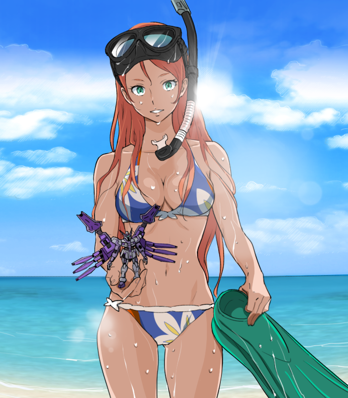 1girl ass_visible_through_thighs bikini breasts brown_hair cleavage collarbone dark_skin goggles green_eyes gundam kei-co long_hair navel sky snorkel standing sun swimsuit water wet