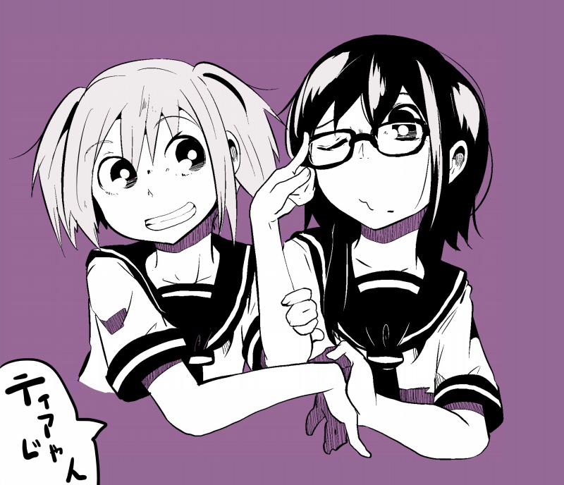 2girls adjusting_glasses black_hair commentary_request glasses looking_at_another multiple_girls multiple_monochrome open_mouth purple school_uniform serafuku short_sleeves short_twintails smile source_request translation_request twintails upper_body white_hair yadoya