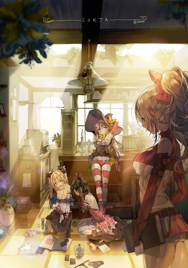 4girls artist_name black_hair blonde_hair book bookshelf bow detached_sleeves flower gloves hand_on_headwear hanging_light hat hat_bow holding holding_book multiple_girls original panties panties_removed pantyhose plant ponytail potted_plant seiza sitting skirt sorolp striped striped_legwear twintails twitter_username underwear vial witch_hat