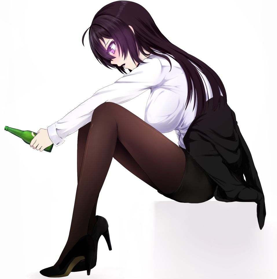 :o ahoge beifeng_han black_hair black_jacket black_shoes black_skirt blush bottle breasts brown_legwear from_side full_body grey_background high_heels holding holding_bottle jacket jacket_removed large_breasts long_hair long_sleeves miyaura_sanshio off_shoulder office_lady open_mouth original outstretched_arms pantyhose pencil_skirt profile shirt shoes simple_background sitting skirt sleeves_folded_up very_long_hair violet_eyes white_background white_shirt