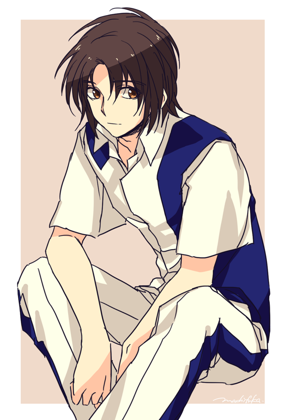 1boy black_hair brown_background brown_eyes invisible_chair looking_to_the_side machi_fuka makabe_kazuki pants short_hair short_sleeves signature sitting solo soukyuu_no_fafner uniform