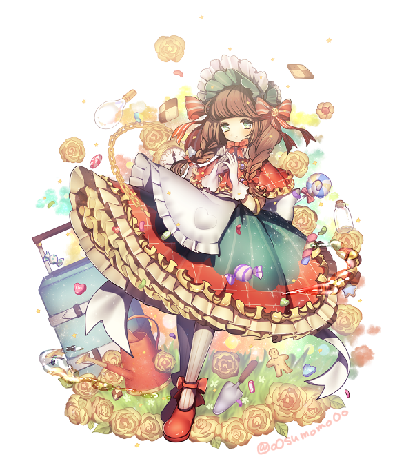 1girl ankle_bow ankle_ribbon apron bangs blunt_bangs bonnet bottle bow braid brown_hair candy capelet chain checkerboard_cookie cookie cork dress flower food frills gingerbread_man gloves green_eyes hair_bow hands_together hat hat_bow heart lolita_fashion lollipop looking_at_viewer original pantyhose pocket_watch red_shoes rose shoes smile solo standing striped striped_legwear suitcase sumomo_kaze trowel twin_braids twitter_username vertical-striped_legwear vertical_stripes watch watering_can white_gloves yellow_rose