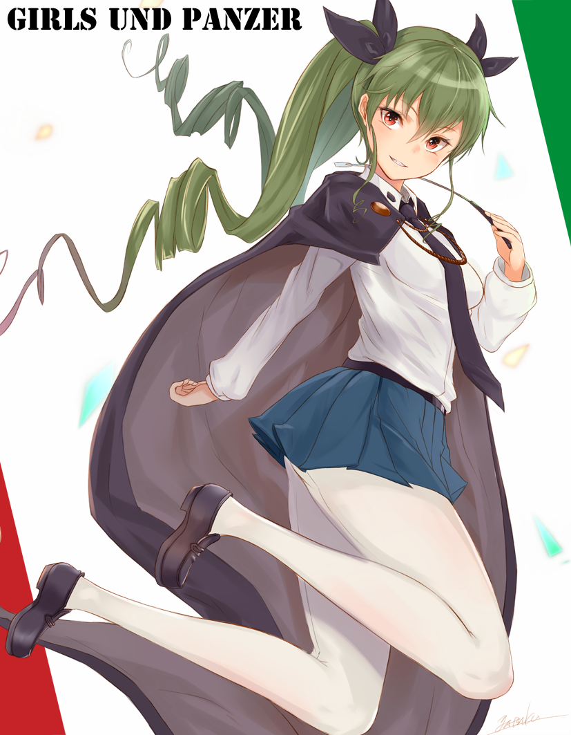 1girl anchovy artist_name belt black black_necktie blue_skirt brown_shoes buckle collared_shirt copyright_name drill_hair full_body girls_und_panzer green_hair grin hair_between_eyes loafers long_sleeves looking_at_viewer pantyhose parted_lips pleated_skirt pointer red_eyes shirt shoes sidelocks signature skirt smile solo teet thighs triangle twin_drills twintails white_legwear white_shirt yatsuka_(846)