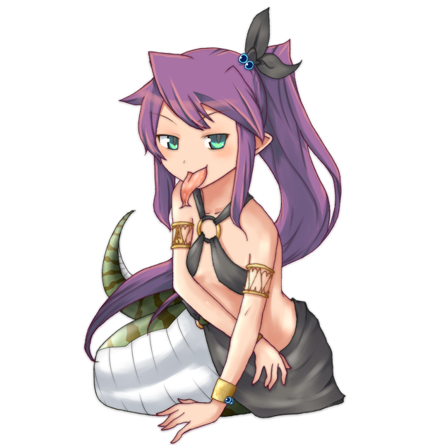 1girl armlet bare_shoulders black_skirt bracelet flat_chest forked_tongue green_eyes jewelry keto_(funrei_doryoku) lamia long_hair long_tongue looking_at_viewer mon-musu_quest! monster_girl o-ring_bottom o-ring_top pointy_ears ponytail purple_hair simple_background skirt smile solo tiny_lamia_(mon-musu_quest!) tongue tongue_out transparent_background very_long_hair
