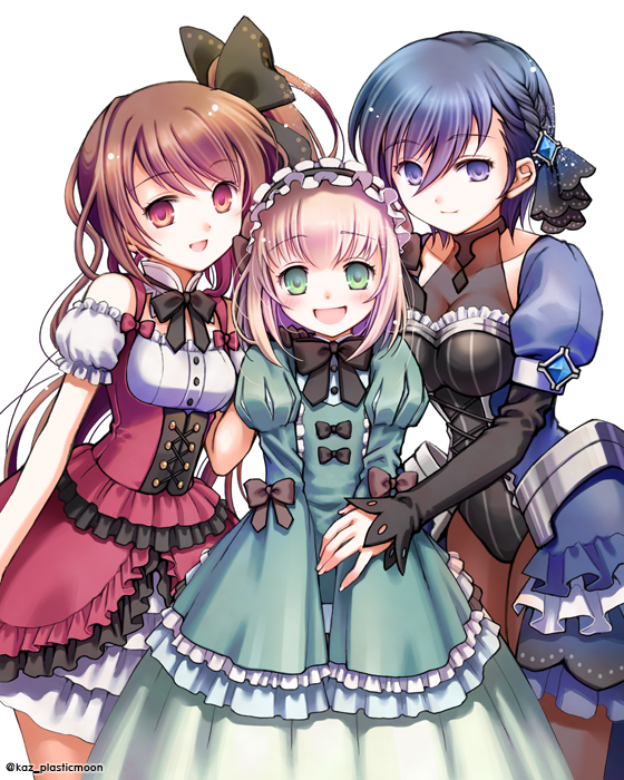 3girls :d black_bow black_hair blonde_hair blue_eyes bow braid brown_bow brown_hair cattleya_(gothic_wa_mahou_otome) cowboy_shot dress french_braid frilled_skirt frills gothic_wa_mahou_otome green_dress green_eyes hair_bow hair_ornament hairband hairpin juliet_sleeves leotard long_hair long_sleeves looking_at_viewer multiple_girls open_mouth plastic_moon puffy_sleeves ranun_(gothic_wa_mahou_otome) red_eyes red_skirt short_hair side_ponytail skirt smile souffle_(gothic_wa_mahou_otome) twitter_username white_background
