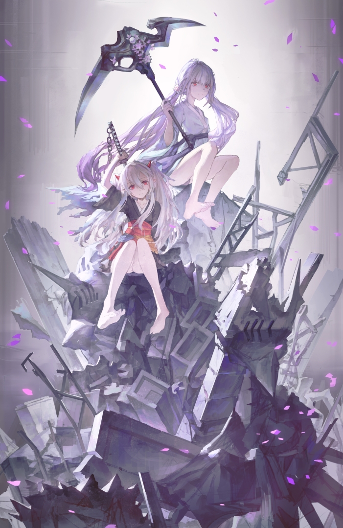 2girls barefoot chain collarbone demon_girl drifting_ghost_&amp;_winter_blossom duel_monster expressionless flower ghost_ogre_&amp;_snow_rabbit holding_sword holding_weapon horns japanese_clothes katana long_hair looking_at_viewer multiple_girls obi ofuda petals pointy_ears red_eyes sash scythe silver_hair sitting sword torn_clothes twintails weapon white_hair yuu-gi-ou zeixique
