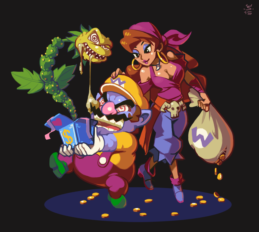 1boy 1girl bandana blue_skin breasts brown_eyes brown_hair capri_pants captain_syrup cleavage earrings eyebrows eyeshadow facial_hair full_body gloves hat height_difference hoop_earrings jack_in_the_box_(toy) jewelry joakim_sandberg long_hair makeup super_mario_bros. money mustache off_shoulder pants pendant pointy_ears sack sash skull smile super_mario_bros. suspenders thick_eyebrows wario wario_land white_gloves