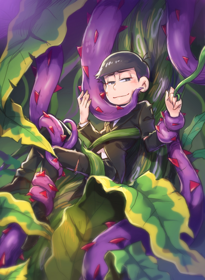 1boy black_eyes black_hair black_jacket black_necktie black_pants black_shoes bruise closed_mouth dobusu_(osomatsu-san) formal injury jacket jewelry leaf light_smile looking_at_viewer male_focus matsuno_karamatsu osomatsu-kun osomatsu-san pants plant restrained ring scratches shamo_g shirt shoes suit tentacles thorns torn_clothes torn_pants vines white_shirt
