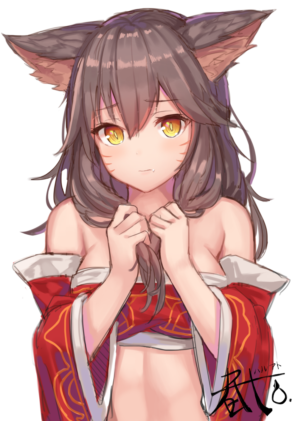 1girl adjusting_hair ahri animal_ears bandeau bare_shoulders blush breasts brown_hair cleavage detached_sleeves fang fox_ears haru_ato highres large_breasts league_of_legends long_hair looking_at_viewer slit_pupils solo upper_body whisker_markings wide_sleeves yellow_eyes