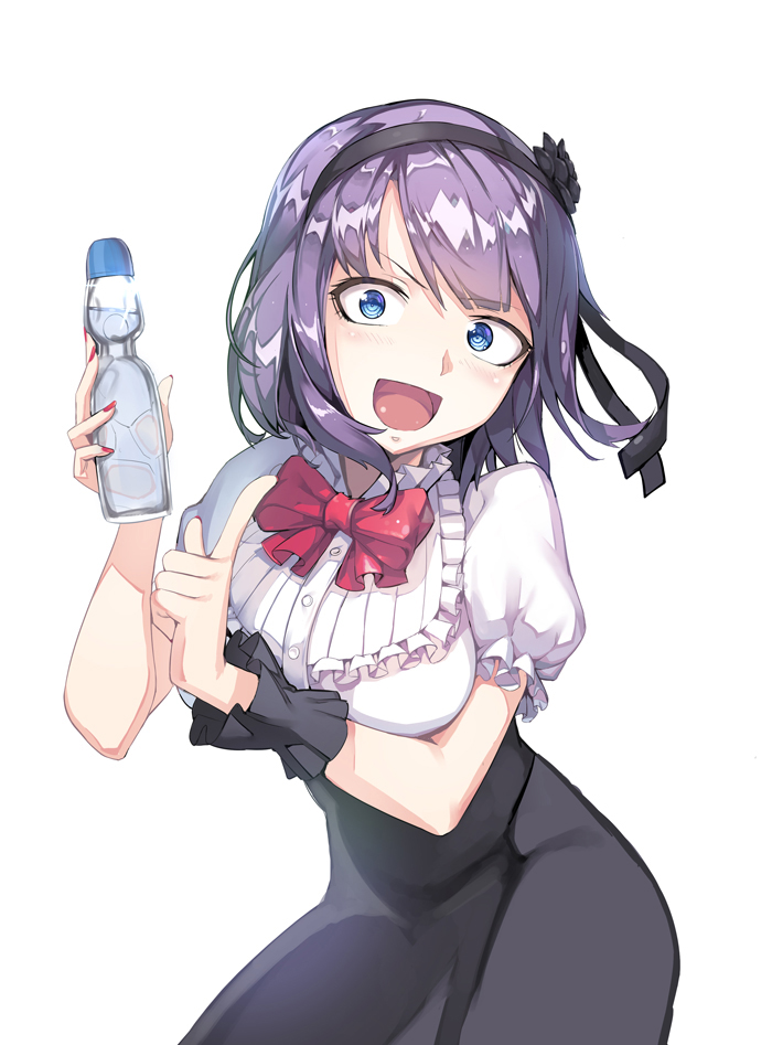 1girl blue_eyes blush bottle commentary_request dagashi_kashi flower frills hair_flower hair_ornament hair_ribbon hairband high-waist_skirt looking_at_viewer nail_polish newey open_mouth purple_hair ramune ribbon ringed_eyes shidare_hotaru short_hair skirt smile solo