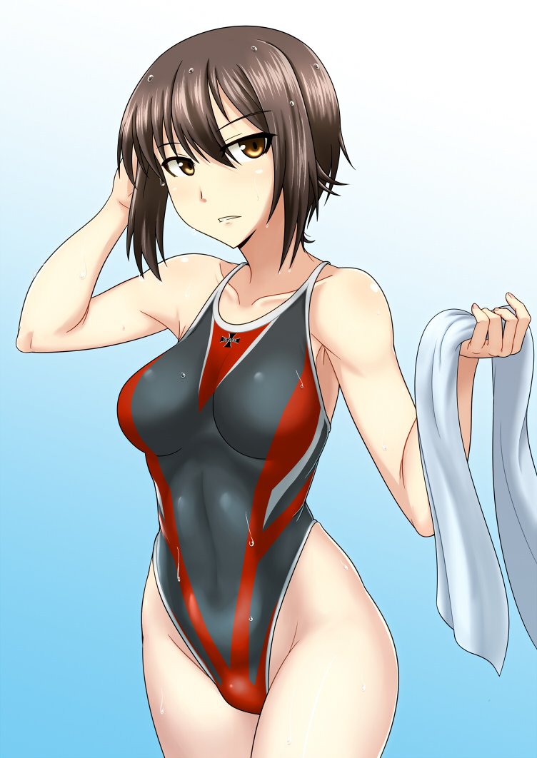 1girl brown_eyes brown_hair competition_swimsuit crossed_arms girls_und_panzer haru-same nishizumi_maho one-piece_swimsuit short_hair standing swimsuit towel