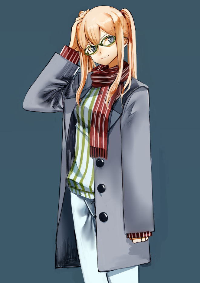 1girl alternate_costume arm_up bespectacled blonde_hair breasts buttons casual check_commentary coat commentary_request glasses graf_zeppelin_(kantai_collection) green-framed_glasses hair_between_eyes hand_on_own_head kantai_collection long_hair long_sleeves looking_at_viewer no_hat pants ribbed_shirt ruisento scarf shirt simple_background smile solo tsurime twintails
