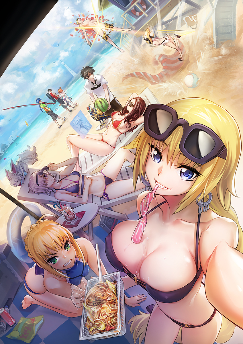 5boys 6+girls ahoge archer ball beach beachball bikini black_hair blonde_hair blue_eyes breasts cleavage collarbone earrings fate/grand_order fate_(series) female_protagonist_(fate/grand_order) fishing_rod flower food four_(fate/grand_order) fruit gilgamesh green_eyes grin highres jewelry lancer large_breasts leonardo_da_vinci_(fate/grand_order) male_protagonist_(fate/grand_order) midriff multiple_boys multiple_girls navel ponytail purple_hair redhead romani_akiman rose ruler_(fate/apocrypha) saber saber_lily shielder_(fate/grand_order) smile sunglasses swim_trunks swimsuit todee watermelon yakisoba