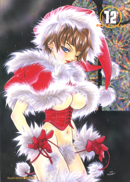 1999 1girl artist_request blue_eyes breasts brown_hair corset dated earrings fur fur_trim gloves hat jewelry large_breasts lipstick makeup navel one_eye_closed santa_costume santa_hat short_hair strap_pull traditional_media under_boob