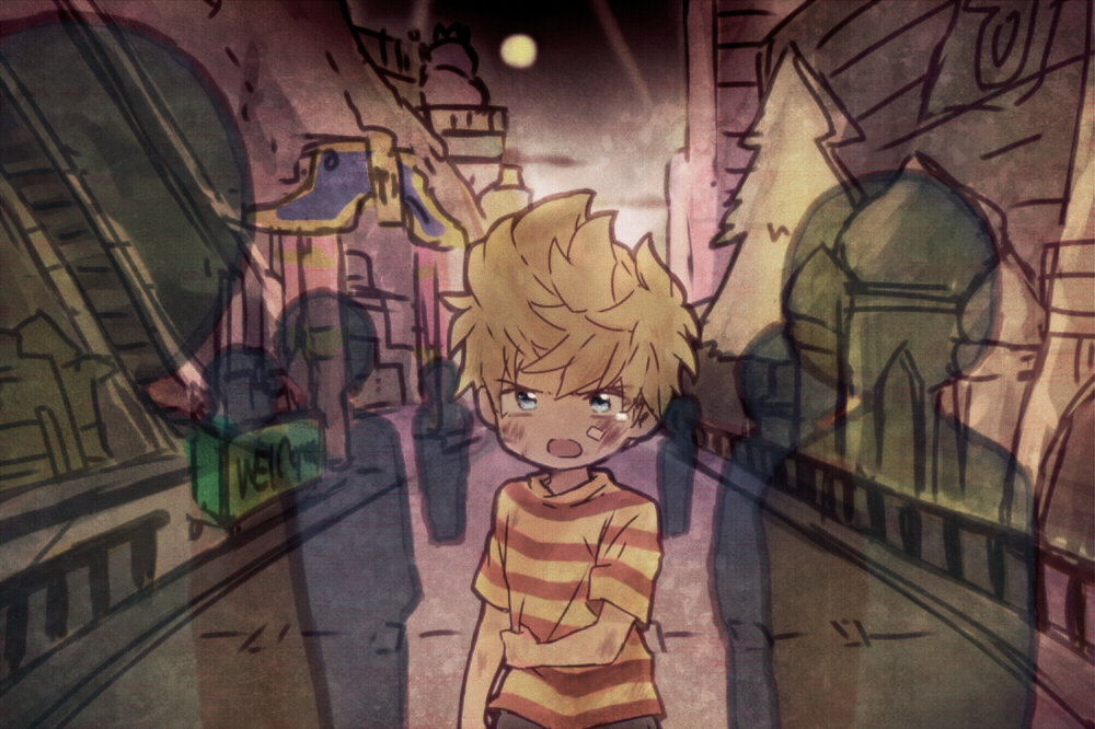 1boy bandaid bandaid_on_face blonde_hair blue_eyes blush building bukiko crowd crying fir_tree house lucas male_focus market mother_(game) mother_3 outdoors plant railing road shirt short_sleeves silhouette solo spiky_hair street striped striped_shirt t-shirt tree upper_body
