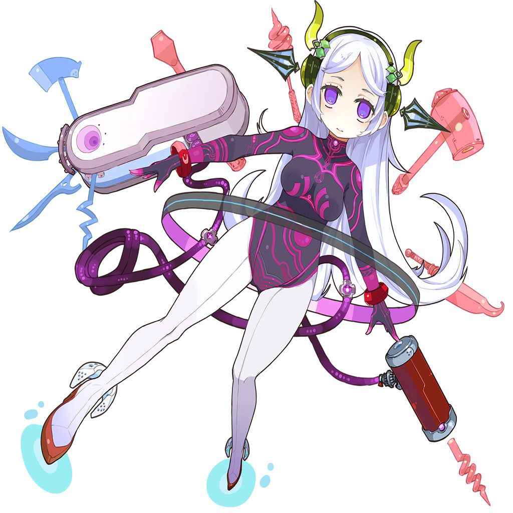 1girl bangs bodysuit expressionless floating_object headphones long_hair mota no_pupils simple_background solo swept_bangs swiss_army_knife transparent_background violet_eyes white_hair
