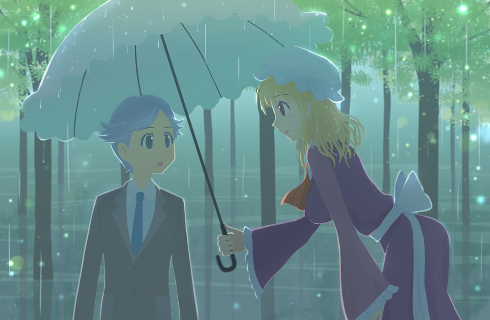 1boy 1girl ascot backlighting blonde_hair blue_eyes blue_hair blue_necktie blush breasts character_request dress fog formal frilled_sleeves frills hat height_difference leaning_forward light_particles long_hair long_sleeves looking_at_another maribel_hearn mob_cap necktie night nin_(female) open_mouth pokemon purple_dress rain reflective_eyes short_hair smile suit touhou tree umbrella violet_eyes water_droplets