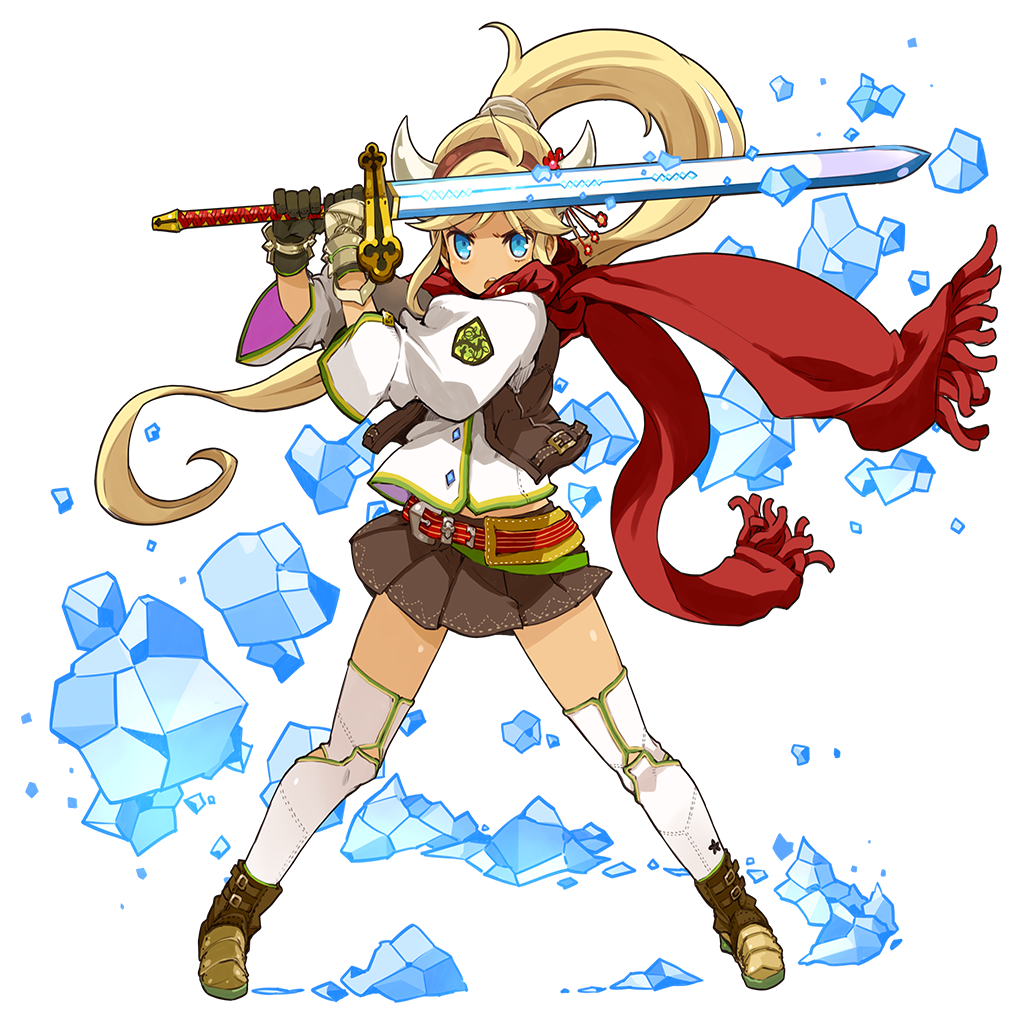 1girl aqua_eyes blonde_hair floating_hair gloves high_ponytail horns ice long_hair long_sleeves mota open_mouth puffy_sleeves scarf simple_background skirt solo sword thigh-highs transparent_background very_long_hair weapon wide_stance wind wind_lift