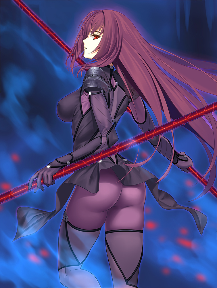 1girl ass bodysuit breasts fate/grand_order fate_(series) large_breasts long_hair polearm purple_hair red_eyes revision scathach_(fate/grand_order) solo tsukikanade very_long_hair weapon