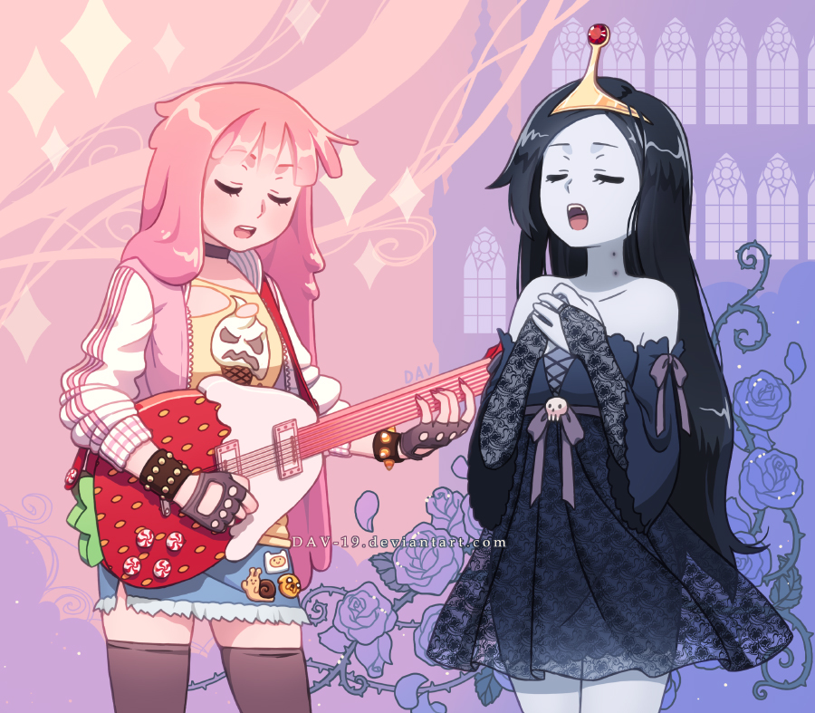 2girls adventure_time bite_mark black_rose closed_eyes crown dav-19 dress electric_guitar fangs finn flower grey_skin guitar hands_together instrument jake marceline_abadeer multiple_girls open_mouth pink_skin princess_bonnibel_bubblegum role_reversal rose singing snail snail_(adventure_time) sparkle