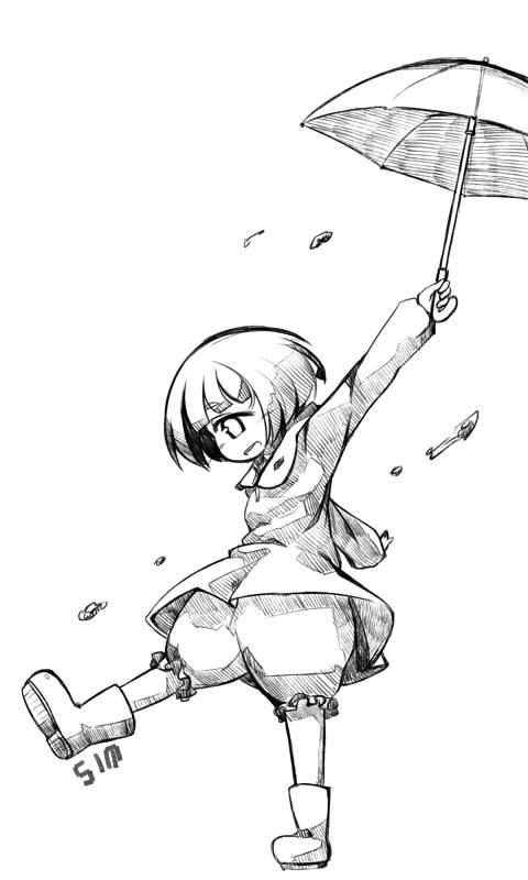 1girl :d bangs bloomers blunt_bangs boots cyclops frills full_body greyscale holding holding_umbrella monochrome one-eyed open_mouth original raincoat rubber_boots shima_(sh1mamu) sketch smile solo standing_on_one_leg umbrella underwear wind