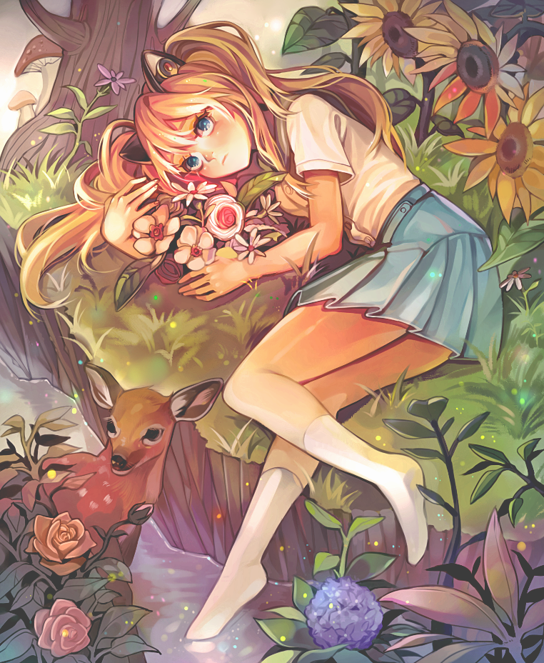 1girl alternate_costume animal animal_ears area12 blonde_hair blue_eyes blue_skirt blush cat_ears closed_mouth deer flower frown grass leaf long_hair lying miniskirt mushroom no_shoes on_ground on_side pleated_skirt purple_flower rose seeu shirt short_sleeves skirt soaking_feet solo sunflower tree under_tree vocaloid water white_flower white_legwear white_shirt yellow_flower