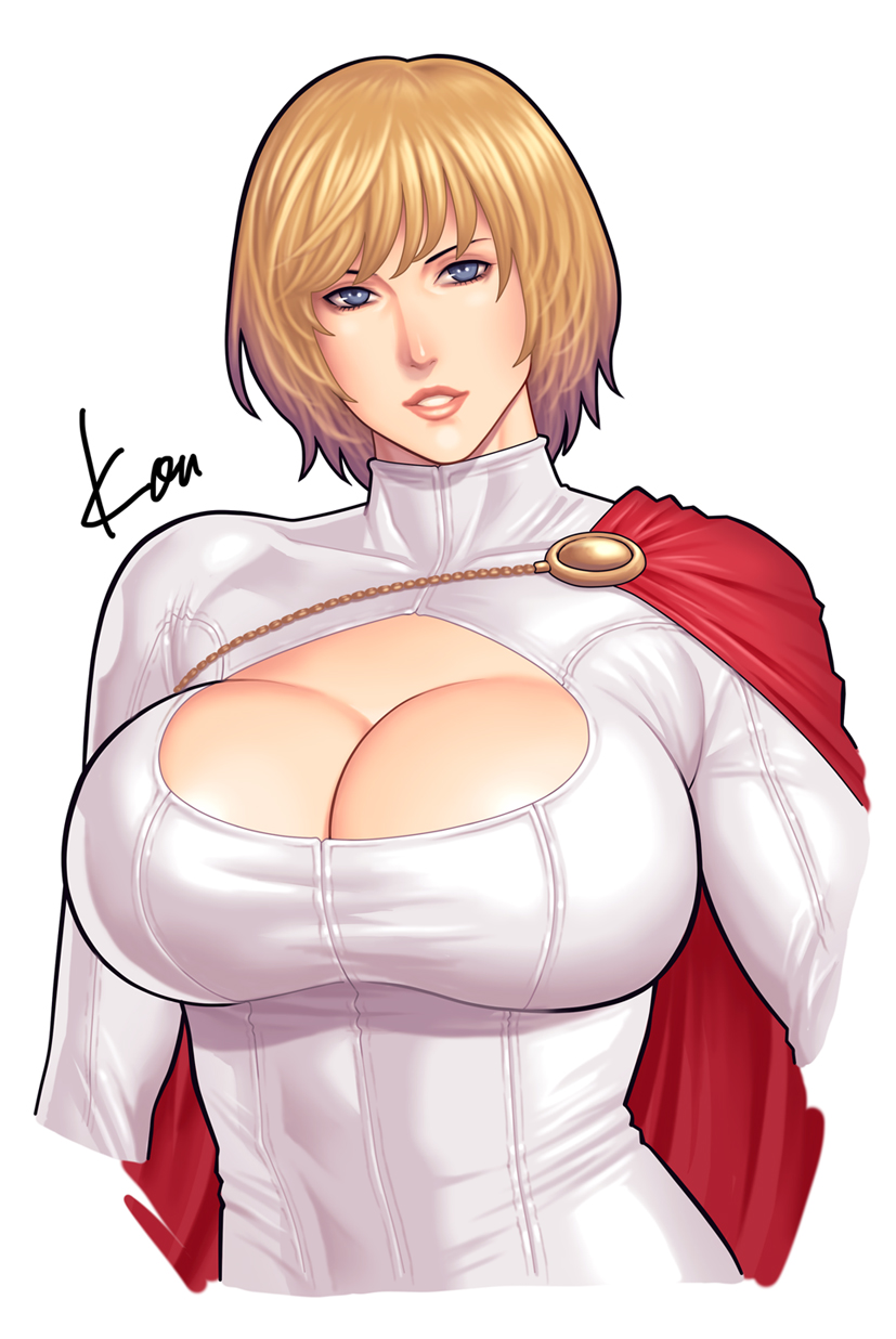 1girl blonde_hair blue_eyes breasts cape cleavage cleavage_cutout dc_comics highres huge_breasts lips looking_at_viewer power_girl short_hair signature simple_background solo takasugi_kou white_background
