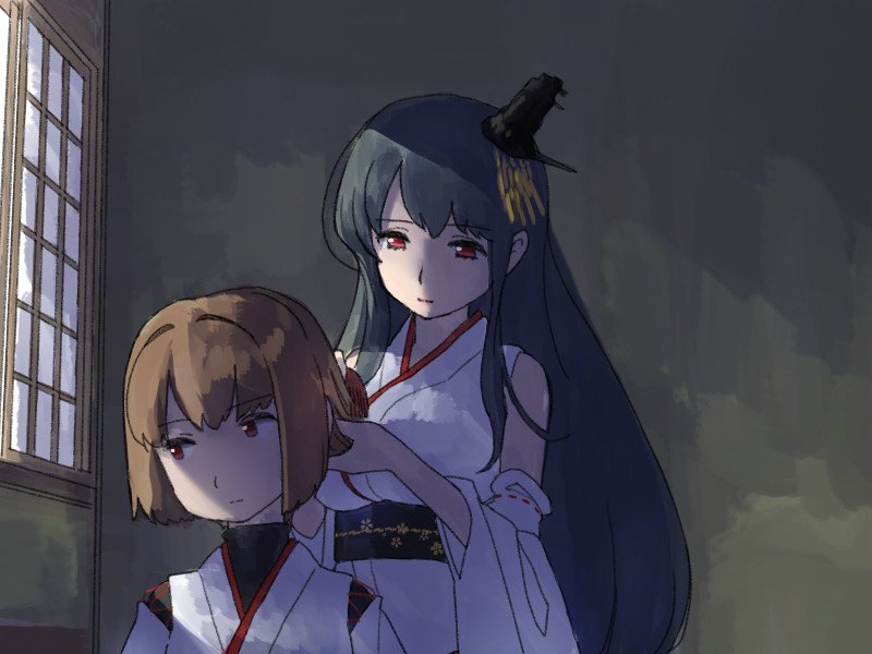 2girls bare_shoulders black_hair breasts brown_hair comb combing detached_sleeves expressionless fusou_(kantai_collection) hair_ornament hyuuga_(kantai_collection) japanese_clothes kantai_collection large_breasts long_hair long_sleeves looking_away multiple_girls nontraditional_miko obi red_eyes sash seshiya shaded_face short_hair smile undershirt upper_body window