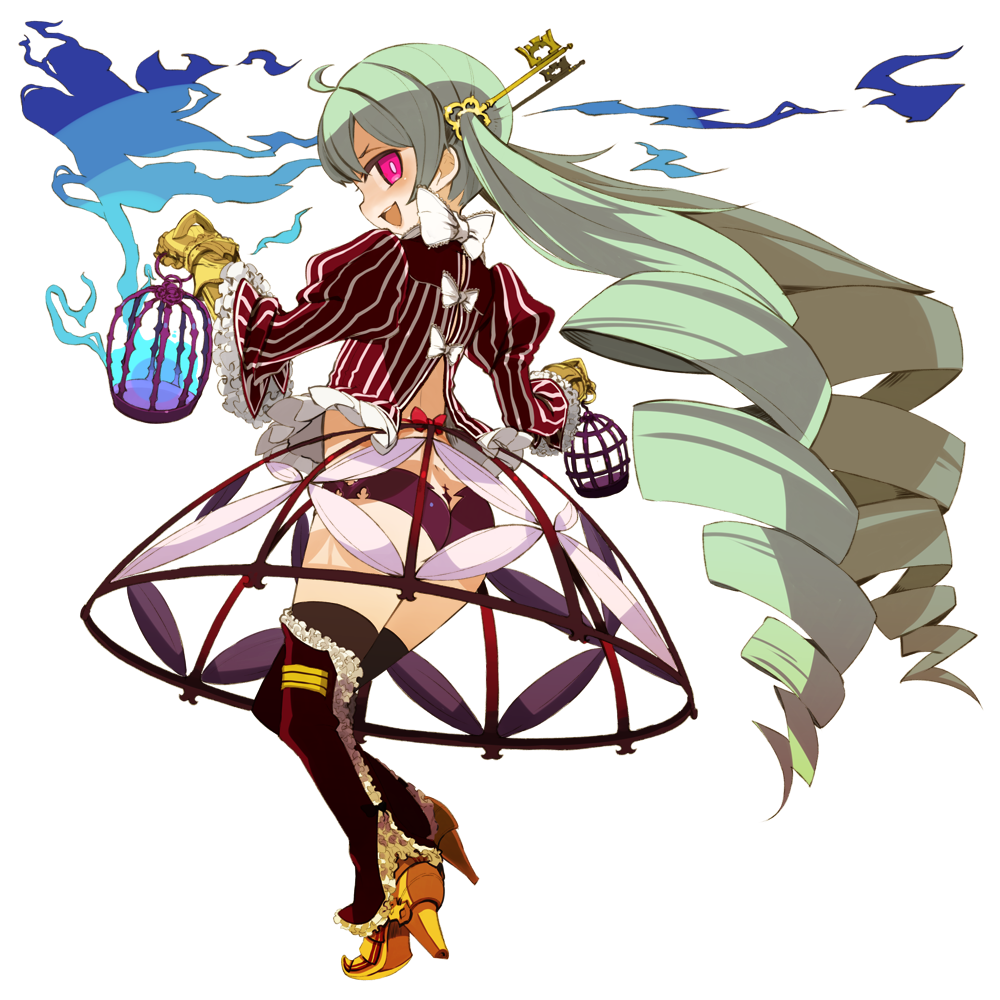 1girl ass breasts drill_hair frilled_sleeves frills full_body green_hair high_heels holding key lantern long_hair long_sleeves mota no_pants pink_eyes profile puffy_sleeves simple_background solo thigh-highs transparent_background twintails very_long_hair