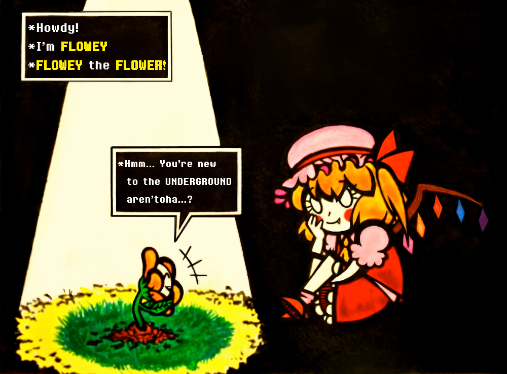 1girl ^_^ blush_stickers closed_eyes colored_text crossover dirt english fang flandre_scarlet flower flowey_(undertale) grass hat head_rest leaf mob_cap sitting smile sunlight touhou undertale