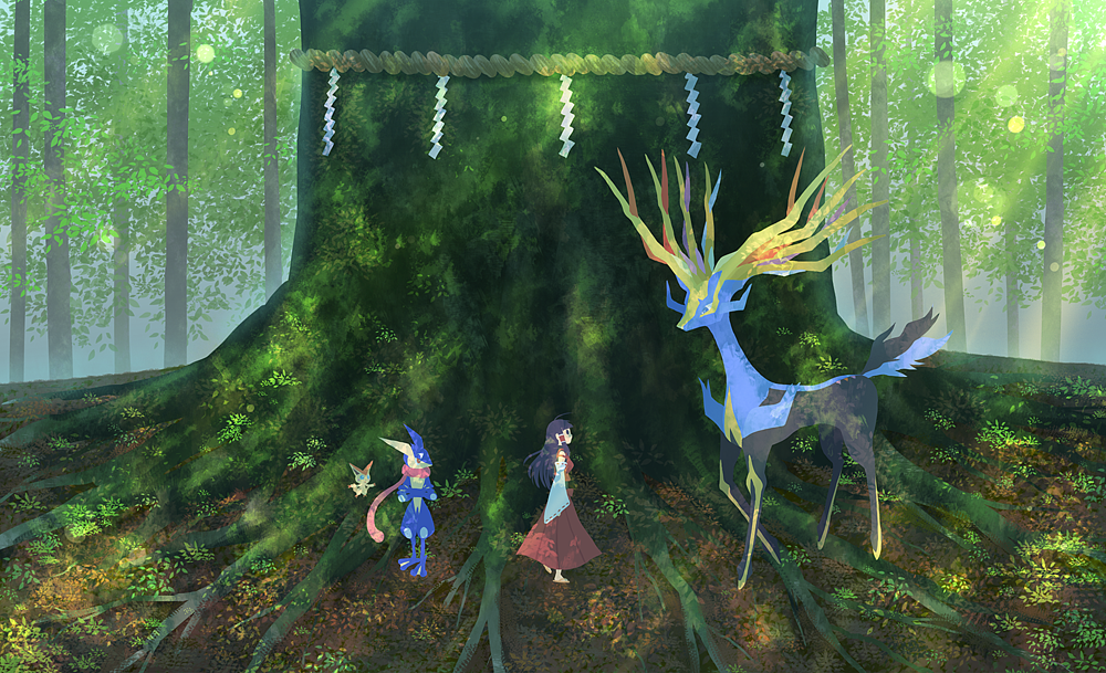 1girl ahoge black_eyes black_hair breasts crossed_arms crossover detached_sleeves forest grass greninja hair_tubes hakama_skirt leotard light_particles light_rays looking_up moss nature nin_(female) nontraditional_miko pokemon pokemon_(creature) profile ribbon-trimmed_sleeves ribbon_trim rope sendai_hakurei_no_miko shimenawa size_difference sleeveless solo standing sunbeam sunlight touhou tree victini xerneas zouri