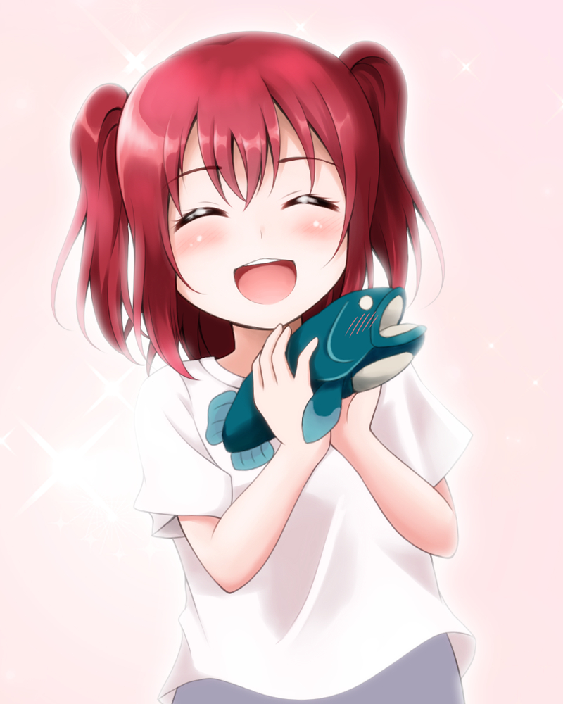 blush closed_eyes happy kurosawa_ruby love_live! love_live!_sunshine!! pink_hair seifuku short_hair twintails