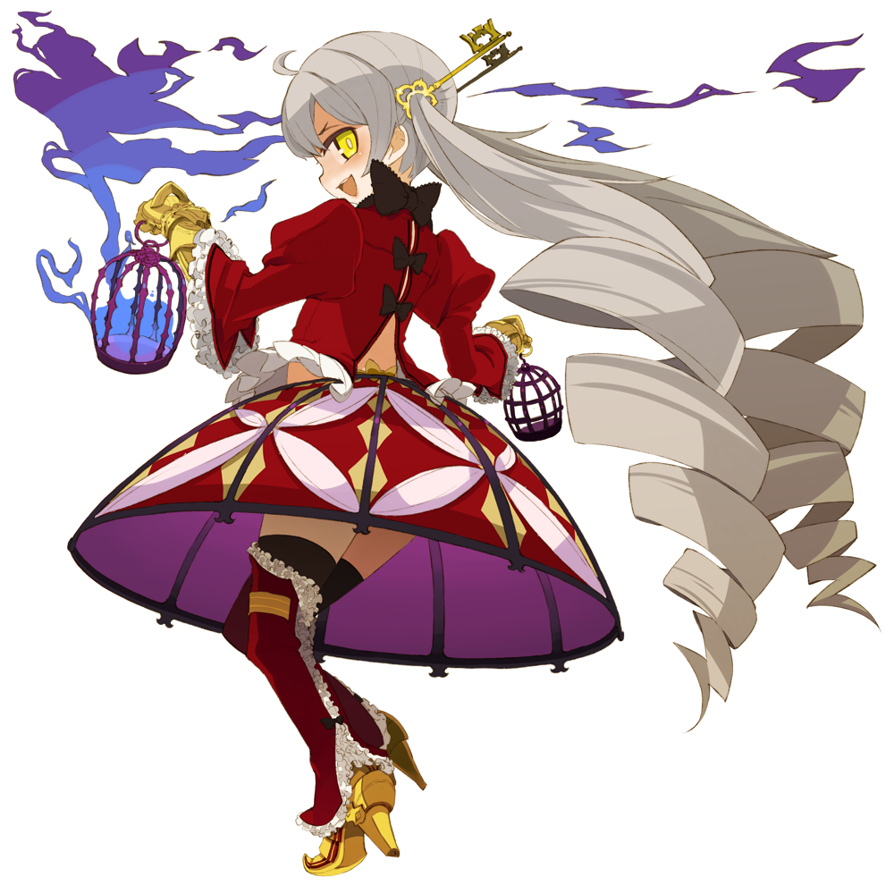 1girl back_cutout drill_hair female frilled_sleeves frills full_body gauntlets high_heels holding key lantern long_hair long_sleeves looking_at_viewer mota open_mouth profile silver_hair simple_background skirt solo thigh-highs thighhighs transparent_background twintails very_long_hair yellow_eyes