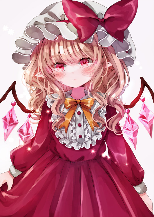 1boy 1girl alternate_costume bangs blonde_hair bow bowtie center_frills closed_mouth crystal dress eyebrows_visible_through_hair flandre_scarlet frills hat hat_bow jaku_sono looking_at_viewer medium_hair mob_cap pointy_ears red_bow red_dress red_eyes simple_background solo standing touhou white_background white_headwear wings yellow_bow yellow_bowtie