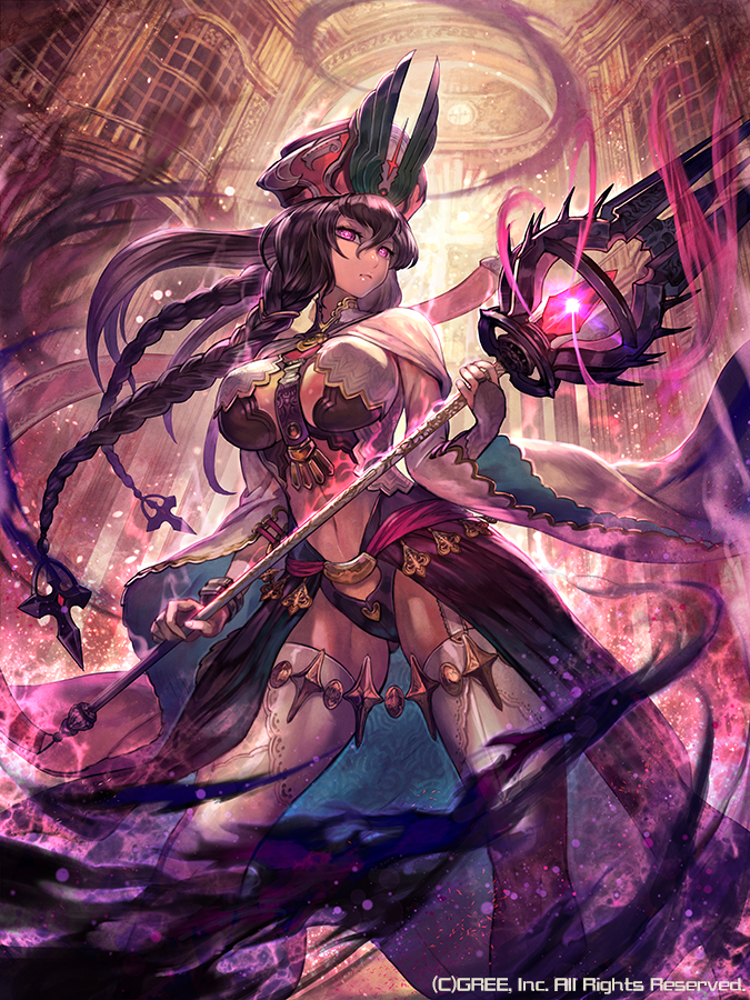 1girl ass_visible_through_thighs boots braid breasts brown_hair contrapposto hat huge_breasts indoors lack long_hair looking_at_viewer magic staff thigh-highs thigh_boots very_long_hair violet_eyes