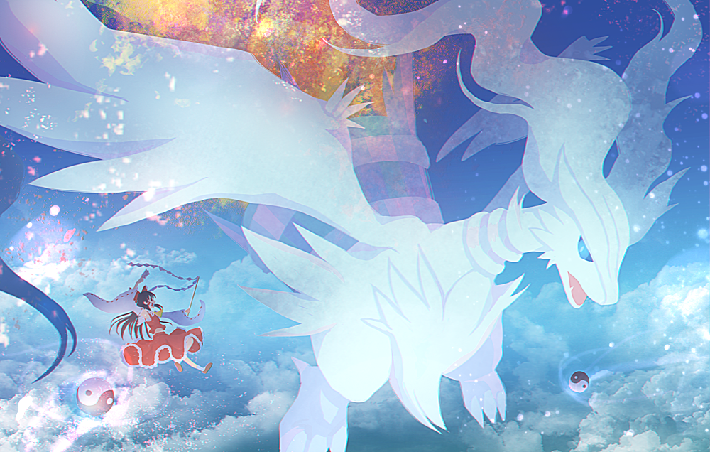 1girl above_clouds arm_up ascot between_fingers black_hair blue_eyes bow brown_shoes clouds crossover detached_sleeves fire floating flying frilled_skirt frills gohei hair_bow hair_tubes hakurei_reimu light_particles long_hair long_skirt night night_sky nin_(female) open_mouth petals pokemon pokemon_(creature) red_skirt reshiram ribbon-trimmed_sleeves ribbon_trim sarashi shoes size_difference skirt sky sleeveless socks solo tagme tail talismans touhou white_legwear yin_yang
