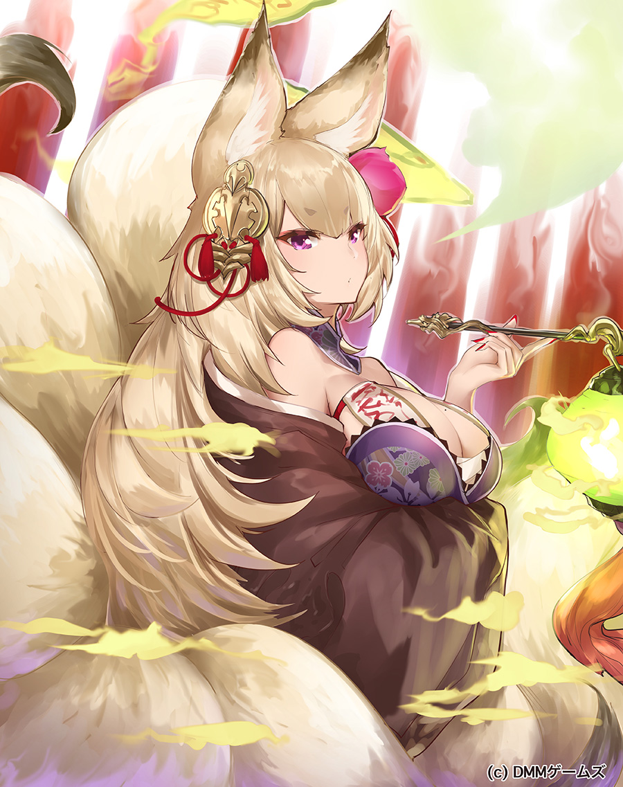 1girl :o animal_ears artist_name bare_shoulders blonde_hair blush breast_hold breasts card cleavage detached_collar expressionless eyebrows eyebrows_visible_through_hair floral_print flower fog fox_ears fox_tail glint hair_flower hair_ornament hairpin holding kitsune lantern large_breasts long_hair long_sleeves mole mole_on_breast multiple_tails nail_polish off_shoulder ofuda parted_lips pipe red_nails sennen_sensou_aigis solo tail tassel upper_body very_long_hair violet_eyes wide_sleeves yaman_(yamanta_lov)