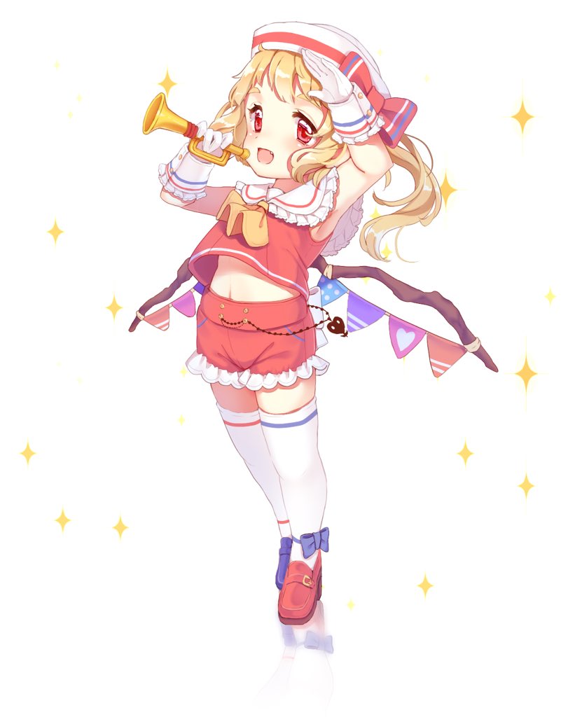 1girl adapted_costume ankle_bow ankle_ribbon ascot blonde_hair blue_shoes blush bow collar fang flag flandre_scarlet frilled_collar frilled_cuffs frilled_shorts frills full_body gloves hat horn horns looking_at_viewer midriff open_mouth red_eyes red_shoes reflective_eyes sailor_hat satomachi shiny shiny_hair shoes short_shorts shorts side_ponytail simple_background sleeveless smile solo sparkle thigh-highs touhou white_background white_gloves white_legwear wings wrist_cuffs