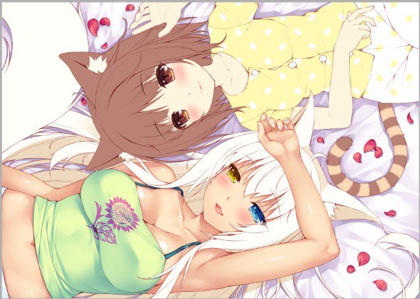 2girls animal_ears arm_up armpits azuki_(sayori) bare_shoulders blue_eyes breasts brown_eyes brown_hair cat_ears cat_tail coconut_(sayori) from_above hand_on_forehead hand_on_own_stomach heterochromia large_breasts long_hair lying midriff multiple_girls nekopara official_art pajamas petals polka_dot polka_dot_pajamas sayori short_hair smile spaghetti_strap striped_tail tail tank_top white_hair yellow_eyes