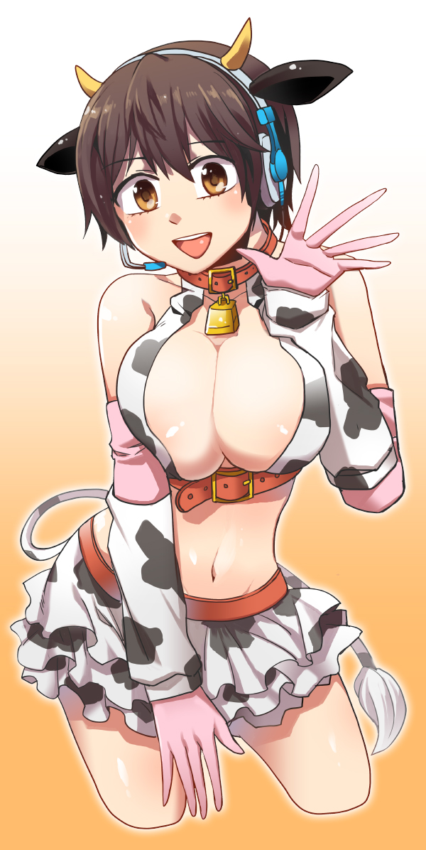1girl animal_ears bell breasts brown_eyes brown_hair cow_bell cow_ears cow_print gloves headset idolmaster idolmaster_cinderella_girls large_breasts oikawa_shizuku open_mouth short_hair solo wm_(chawoo1357)