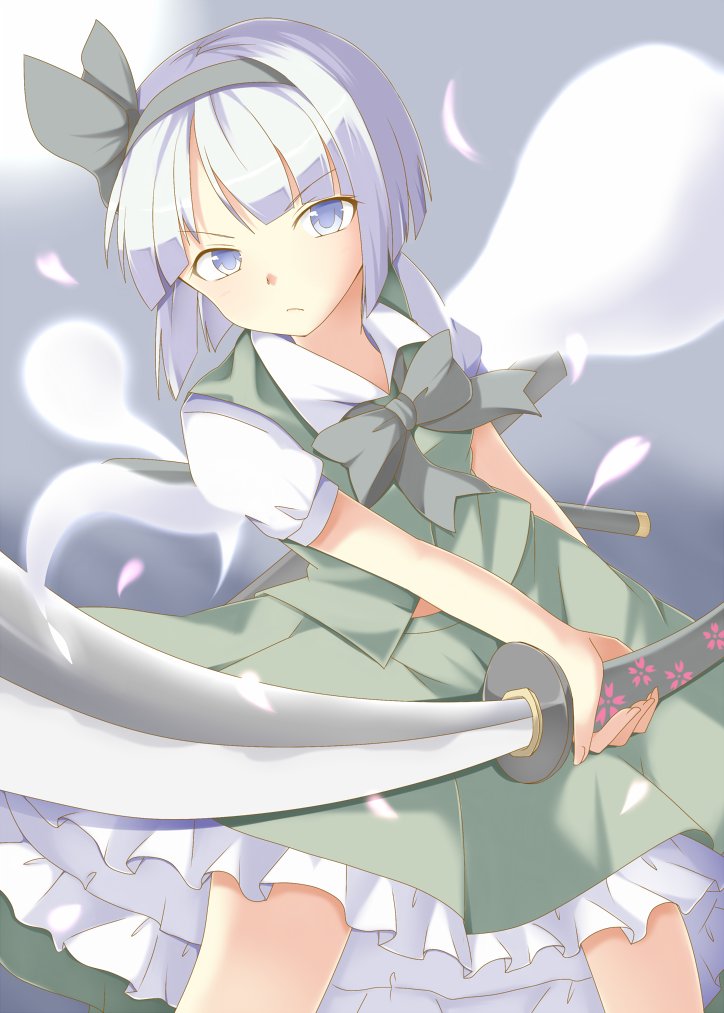 1girl black_ribbon bow bowtie closed_mouth collared_shirt commentary_request cowboy_shot eyebrows_visible_through_hair frilled_skirt frills green_skirt green_vest grey_eyes hair_ribbon hitodama hiyokodou holding holding_weapon katana konpaku_youmu konpaku_youmu_(ghost) looking_at_viewer moon ribbon serious sheath shirt short_sleeves silver_hair skirt solo sword touhou vest weapon white_shirt