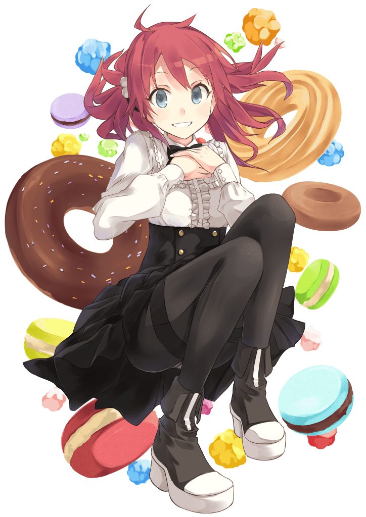1girl black_legwear blouse blue_eyes boots bow bowtie candy doughnut dress food frills full_body hair_bobbles hair_ornament hands_on_own_chest hiwatari_rin looking_at_viewer macaron messy_hair original pantyhose redhead skirt smile solo thighband_pantyhose white_background
