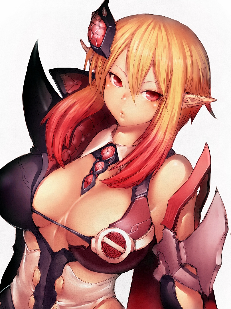 1girl bare_shoulders blonde_hair breasts cleavage fumio_(rsqkr) large_breasts long_hair phantasy_star phantasy_star_online_2 pointy_ears red_eyes simple_background solo white_background