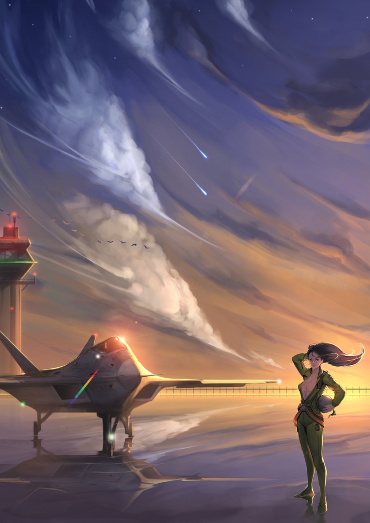 1girl bird breasts brown_hair canopy clouds cloudy_sky cockpit collarbone control_tower f-35_lightning_ii helmet long_hair michael.r open_clothes pilot pilot_suit reflection sky star sunset water