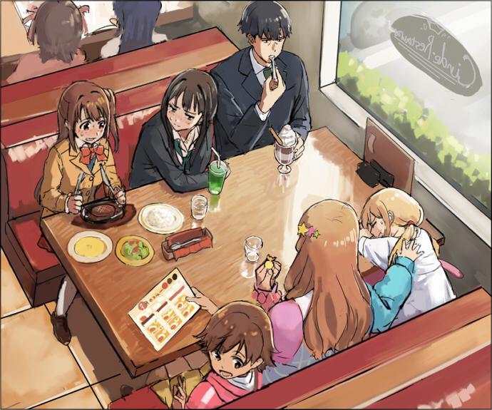 1boy 6+girls amami_haruka blonde_hair blue_hair brown_hair cameo diner food futaba_anzu hair_ornament honda_mio idolmaster idolmaster_cinderella_girls kisaragi_chihaya long_hair moroboshi_kirari multiple_girls ozu_roji producer_(idolmaster_cinderella_girls_anime) school_uniform shibuya_rin shimamura_uzuki short_hair twintails